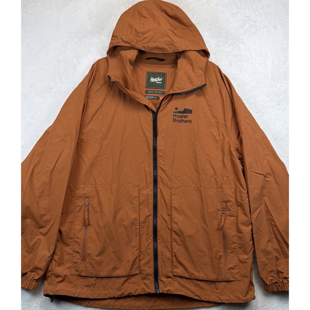 Howler Brothers Hooded Windbreaker Jacket Men's XL Packable Orange Full Zip